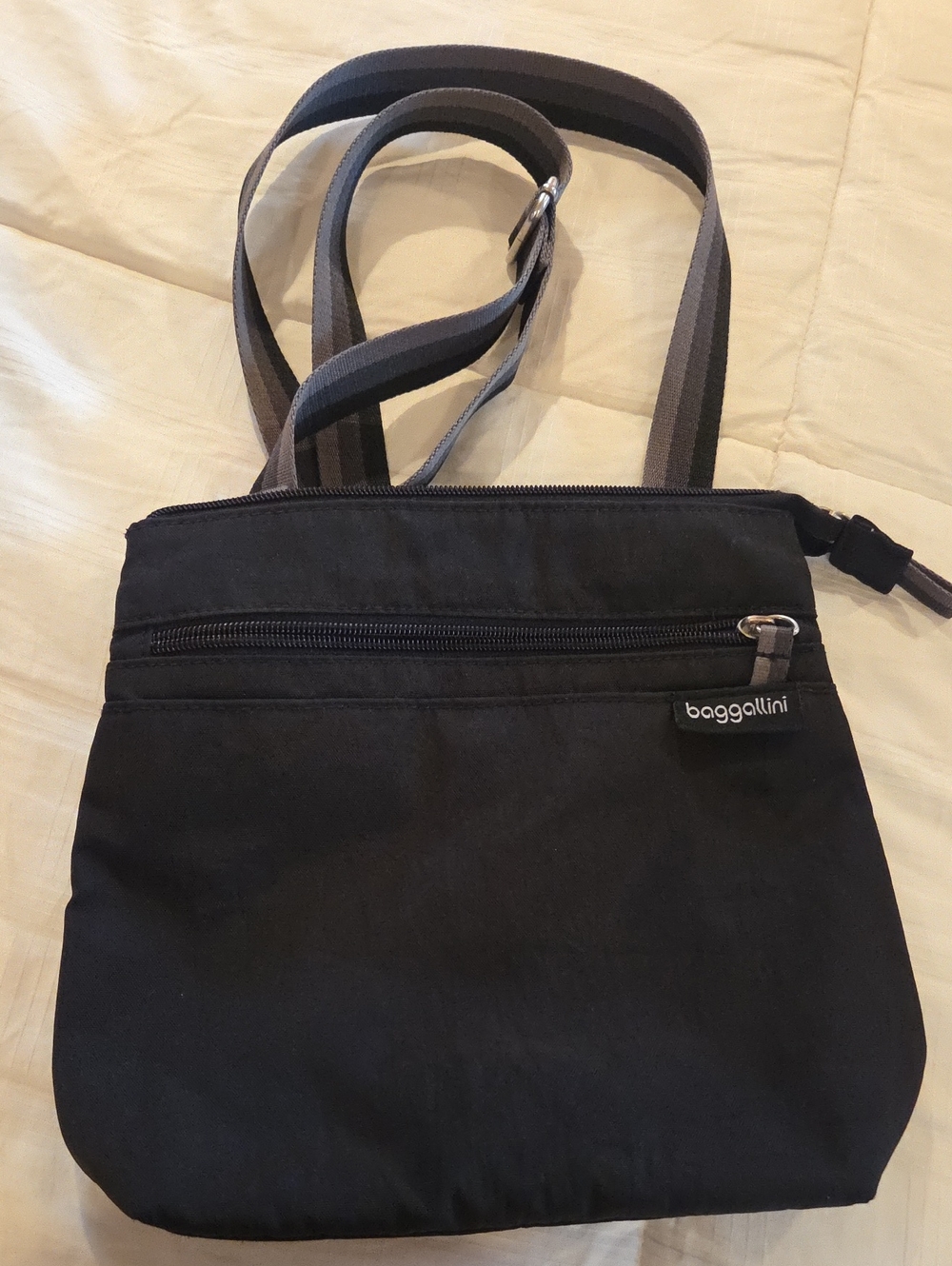 Baggallini Black Crossbody with Gray-Striped Adjustable Strap